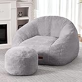 HABUTWAY Bean Bag Chair, Giant Bean Bag Chairs for Adults with Ottoman, Comfy Faux Fur Shell-Shaped Bean Bag Couch, Sofa Chair for Living Room, Bedroom, Grey