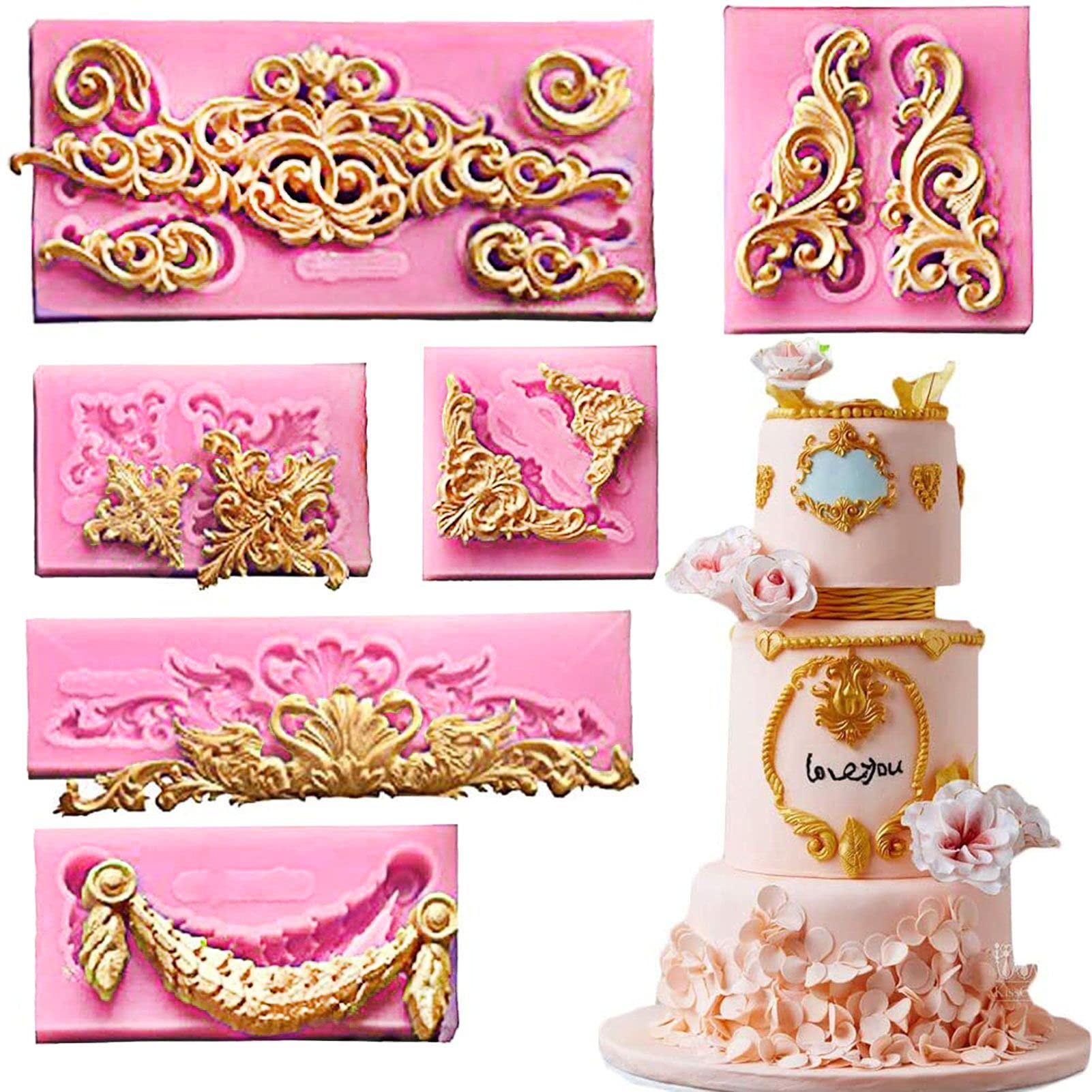 Photo 1 of (Set Of 6) Baroque Fondant Molds for Cake Decorating Curlicues Scroll Lace Border Candy Silicone Mold for Sugarcraft, Cupcake Topper