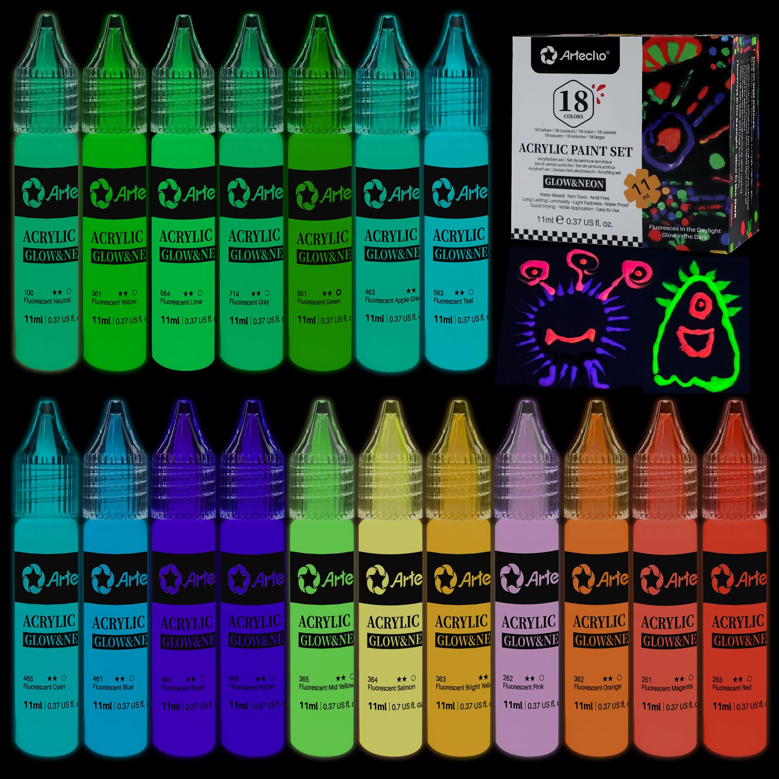 Photo 1 of Artecho Glow in the Dark Paint 18 Colors, 11 ml Acrylic Paint for Decoration, Outdoor and Indoor Art Craft, Supplies for Canvas, Rock, Wood, Fabric