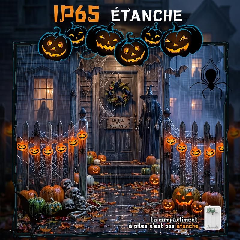 Guirlande lumineuse d'Halloween - 3 m - 20 LED - Avec minuterie de 6 h - Étanche IP65 - Pour décoration d'Halloween, fêtes à thème zombie