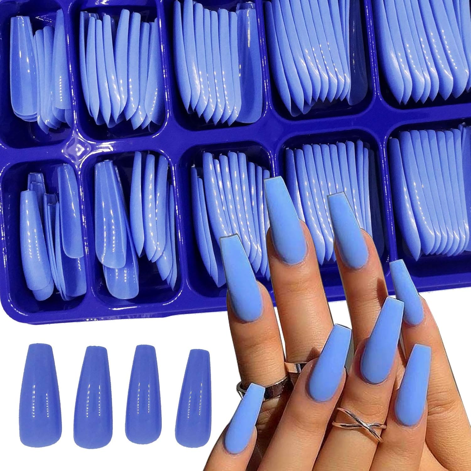 100pcs Coffin Fake Nail Tips Blue Long Ballerina Press on Nail DIY Acrylic False