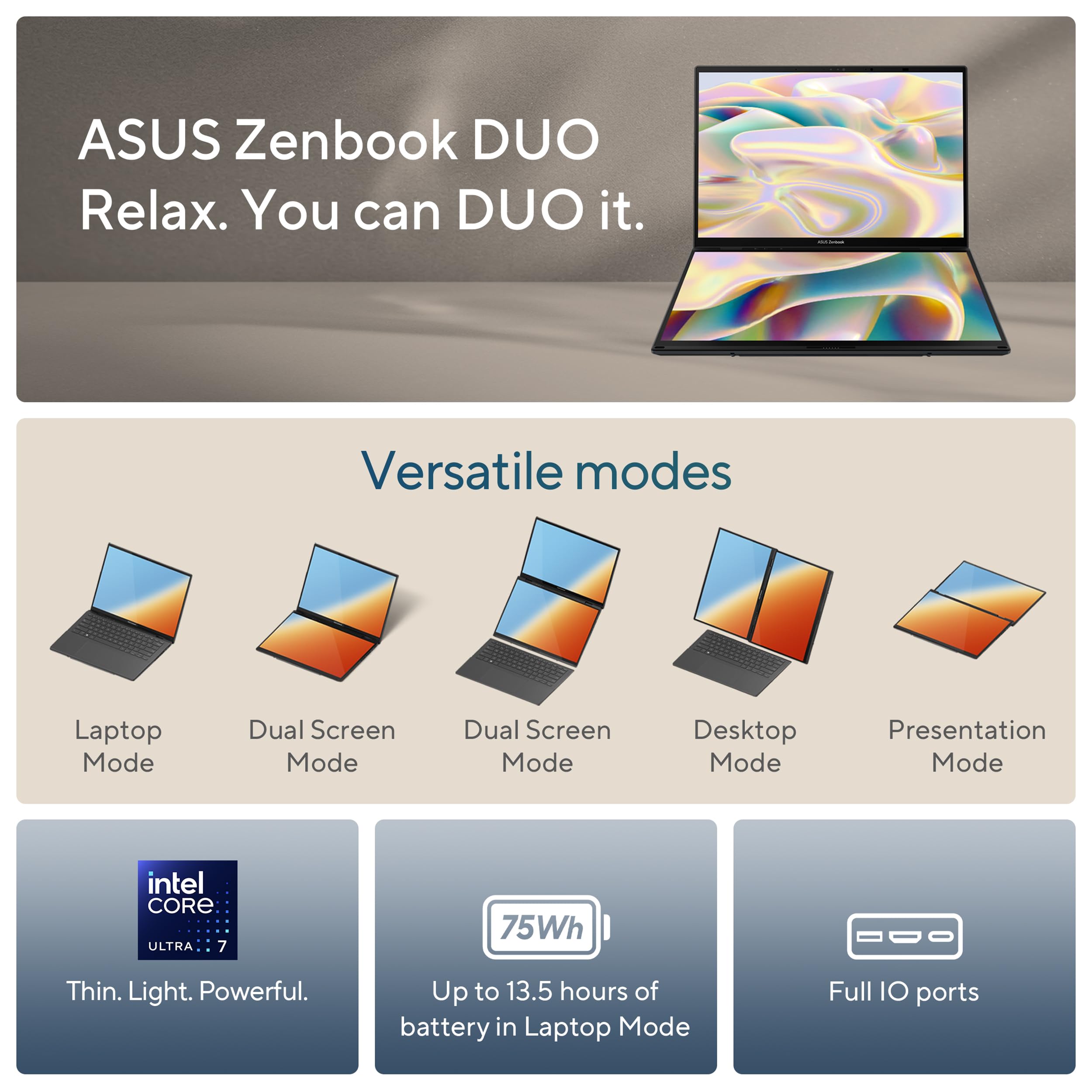 ASUS Zenbook DUO Laptop, Dual 14” OLED 3K 120Hz Touch Display, Intel Evo Certified, Intel Core Ultra 7 255H, Intel Arc Graphics, 32GB RAM, 1TB SSD, Windows 11, Inkwell Gray, UX8406CA-DS79T