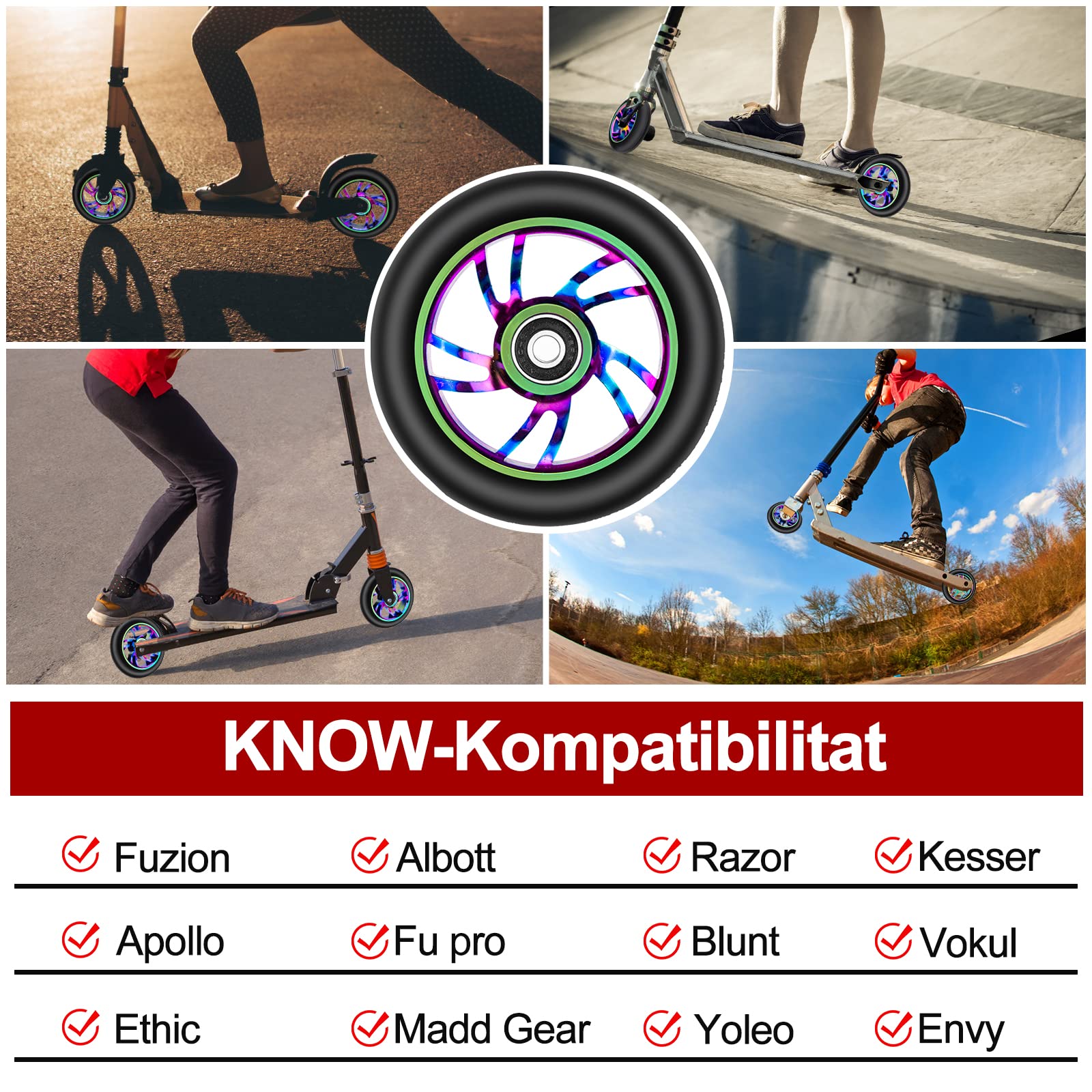 2 Pack 100mm Scooter Wheels,88A Replacement Scooter Wheel with ABEC-9 608RS Bearings Installed for Pro Scooters Kick Scooters, Multi-Color