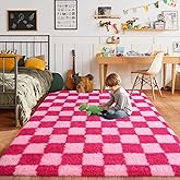 Pionblank Fluffy Area Rug for Bedroom 5x7, Modern Indoor Shag Carpet, Soft Plush Non Slip Checkered Rugs for Living Room Kids Room Home Decor, Hot Pink