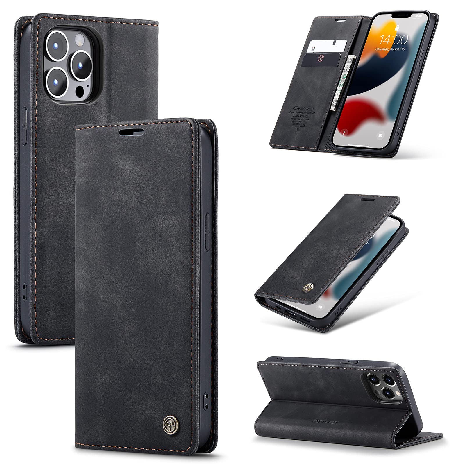 UFinetech Case for iPhone 13 Pro, Shockproof Anti-scratch Cover with iPhone 13 Pro (6.1”), Leather TPU Slim Soft Flip Folio Magnetic Closure Kickstand Card Holder Wallet 2-in-1 Camera Protector, Black — image 1