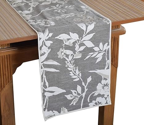 Bilberry Furnishing By Preeti Grover 100% Cotton Grey & White Leaf Printed Table Runner (TR_07) - (Table Runner Size 14x72)