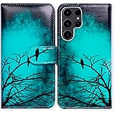 Bcov Case for Galaxy S24 Ultra,Black Bird Green Leather Flip Phone Case Wallet Cover with Card Slot Holder Kickstand for Samsung Galaxy S24 Ultra