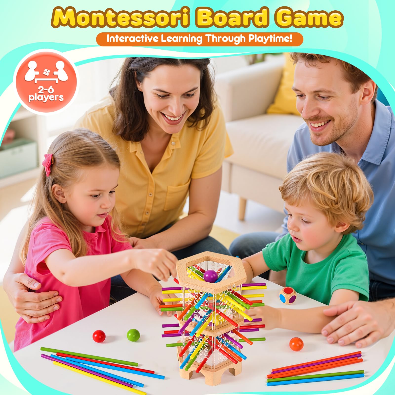 Montessori Spiel Brettspiel aus Holz, Spiele ab 4 Jahren, Holzspielzeug Kinderspiele Lernspiele ab 3 4 5 6 Jahren, 42 Bunte Holzstäbchen Lernspiele Reisespiel Würfelspiele Jungen Mädchen Geschenk 3