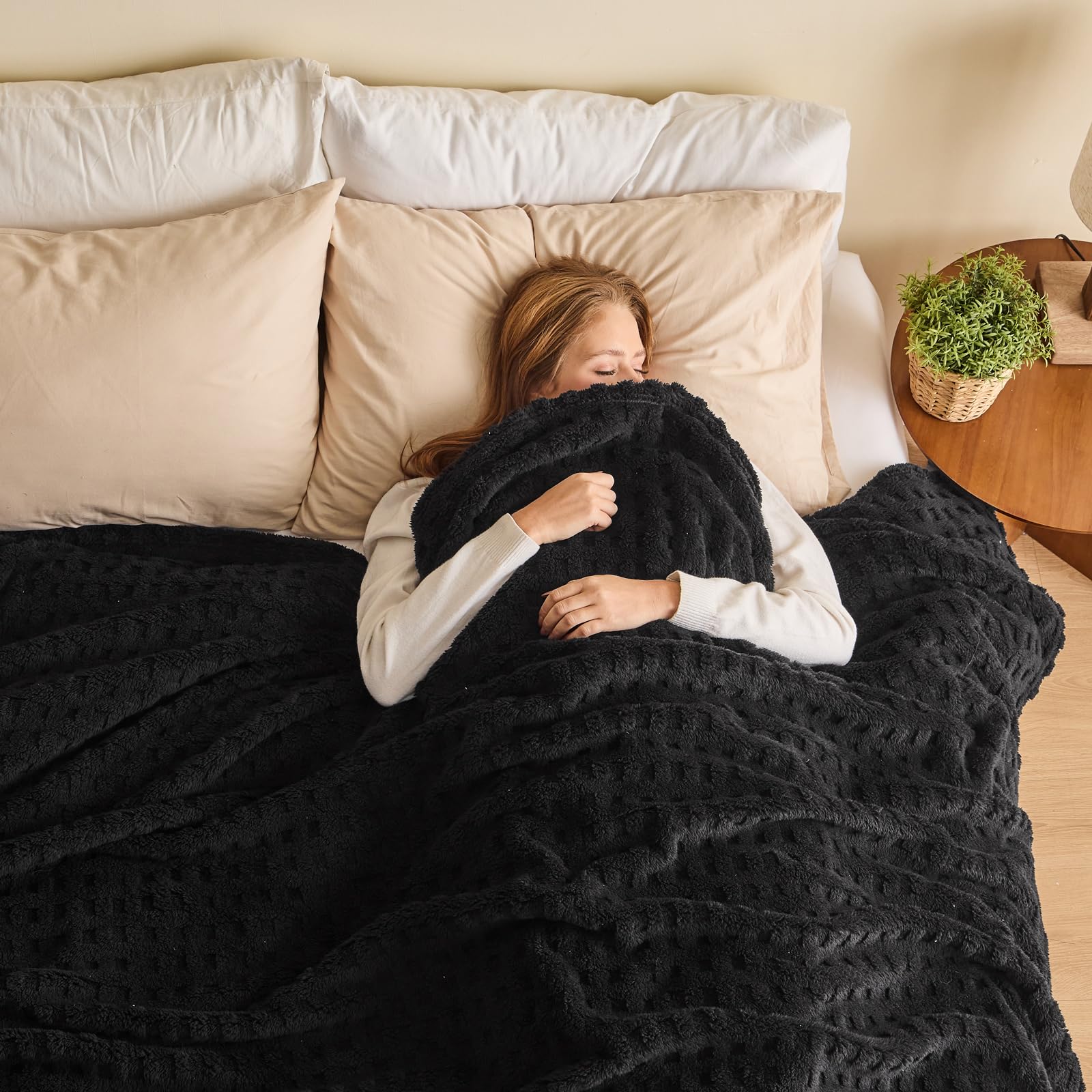 NEWCOSPLAY Super Soft Queen Blanket Black Premium Silky Flannel Fleece 3D Waffle Checkered Lightweight Bed Blanket All Season Use (Black, Queen(90"x90")) Image