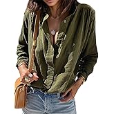 Flamingals Women's High V Neck Soft Shirts Long Sleeve Solid Button Down Dressy Business Casual Work Blouse Tops