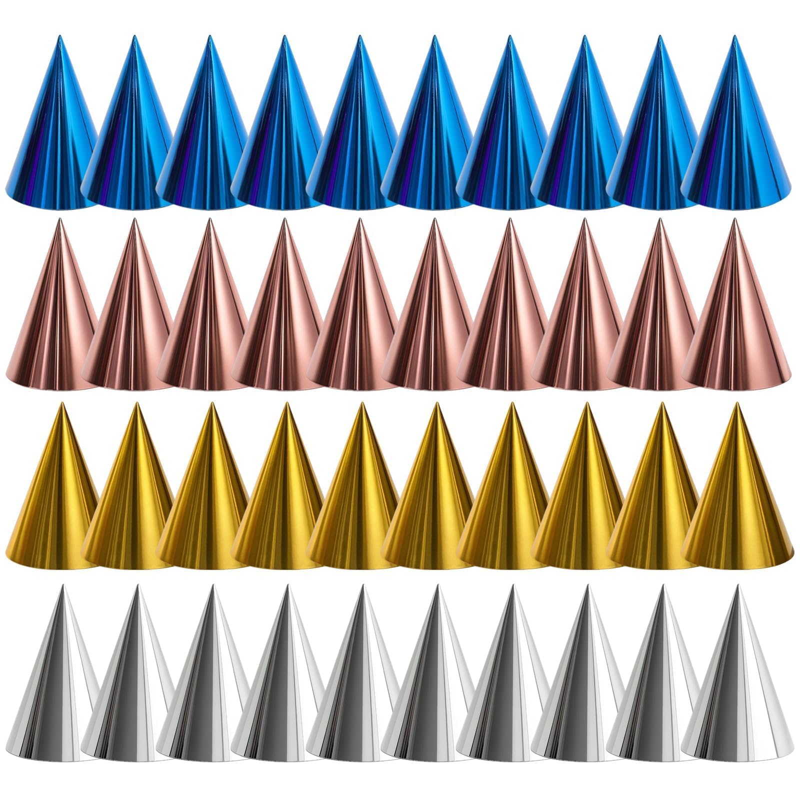 RagQbuK 40 Pcs Party Hats for Adults & Kids(6.2 * 4.1 inches), Gold Silver Rose Gold & Blue Birthday, Party Hat for Adults and Kids for Multicolor Paper Metallic Foil Cone