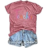 Teacher T-Shirt Women: Funny School Teaching Life Shirts Teach Letter Print Tee Teacher Embroidery Casual Short Sleeve Tops
