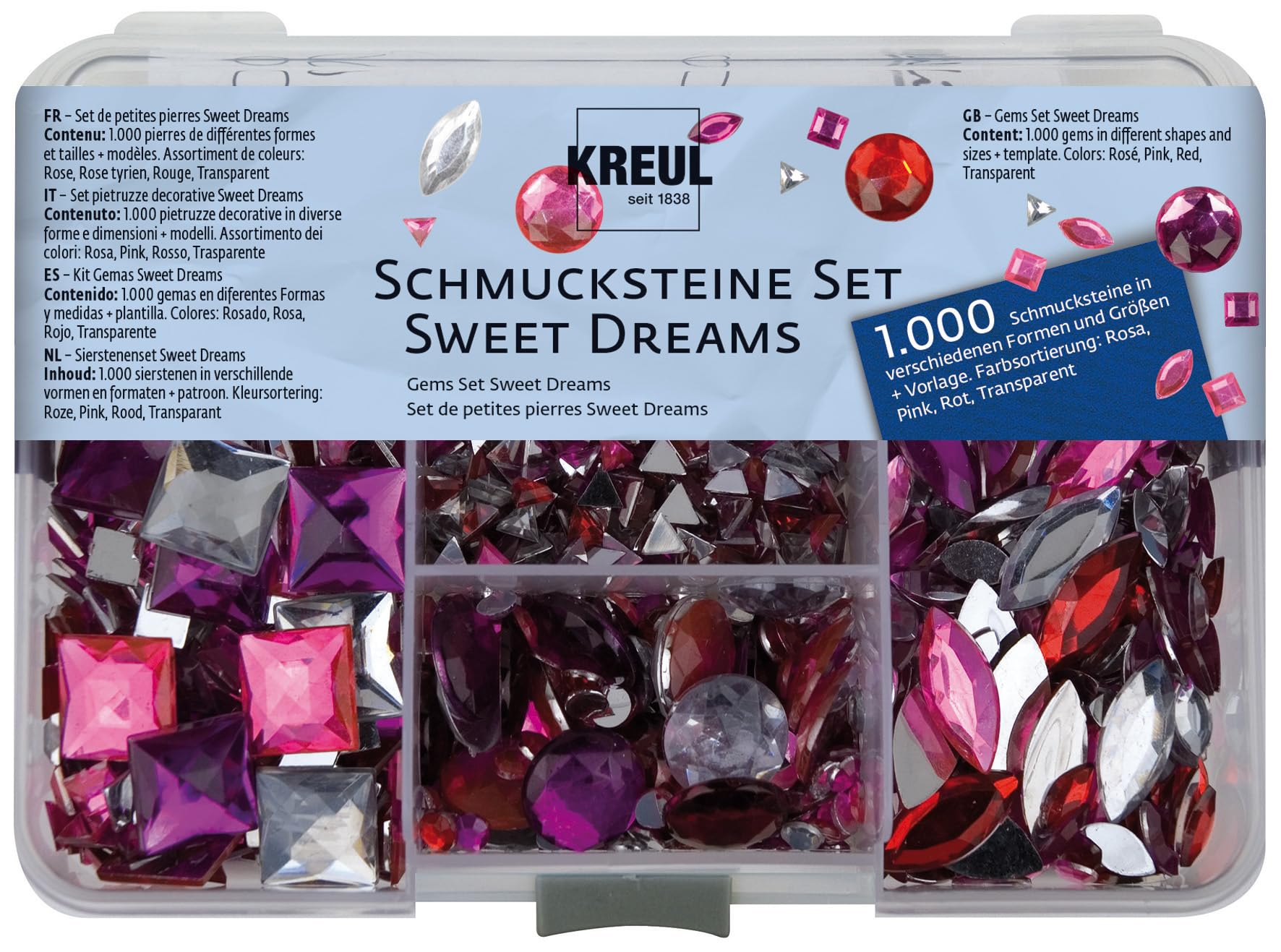 Kreul 49643 Sweet Dream Gemstone Set 1000 Stones in Pink, Pink and Red, in Various Shapes and Sizes, for Designing Fashionable Accessories and in Home Deco Area