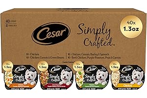 Cesar Simply Crafted Adult Wet Dog Food Meal Topper, Chicken Recipes and Beef Recipe Variety Pack, 1.3 oz. Trays (40 Count, Pack of 1)