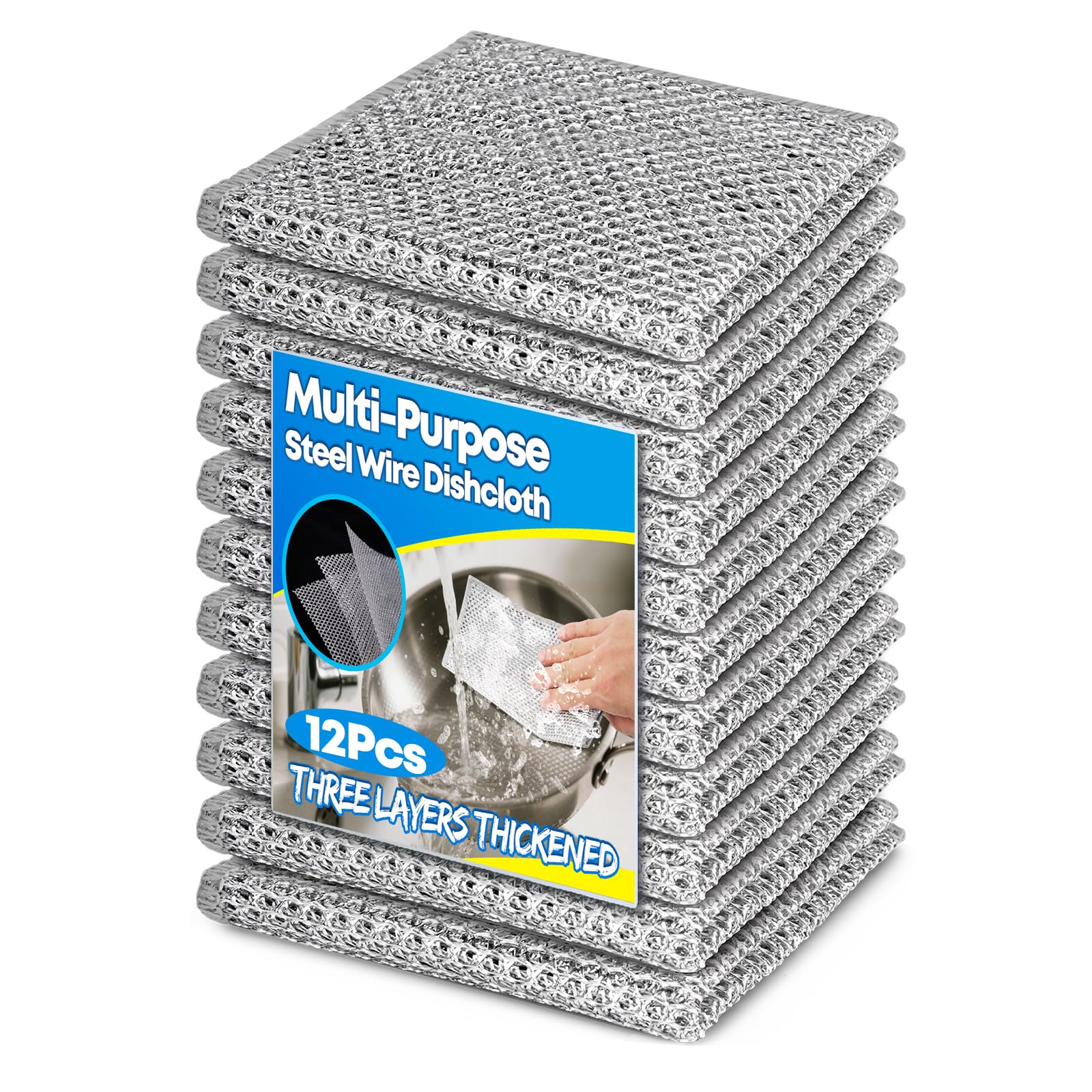Photo 1 of 12 Pcs Multipurpose Wire Dishwashing Rag, 7.87" x 7.87" Non Scratch Wire Dishcloth, 3-Layer Steel Wool Wire Dishwashing Cloth Reusable Wire Cleaning Cloth for Cookware, Sinks, Dishes, Stove Tops
