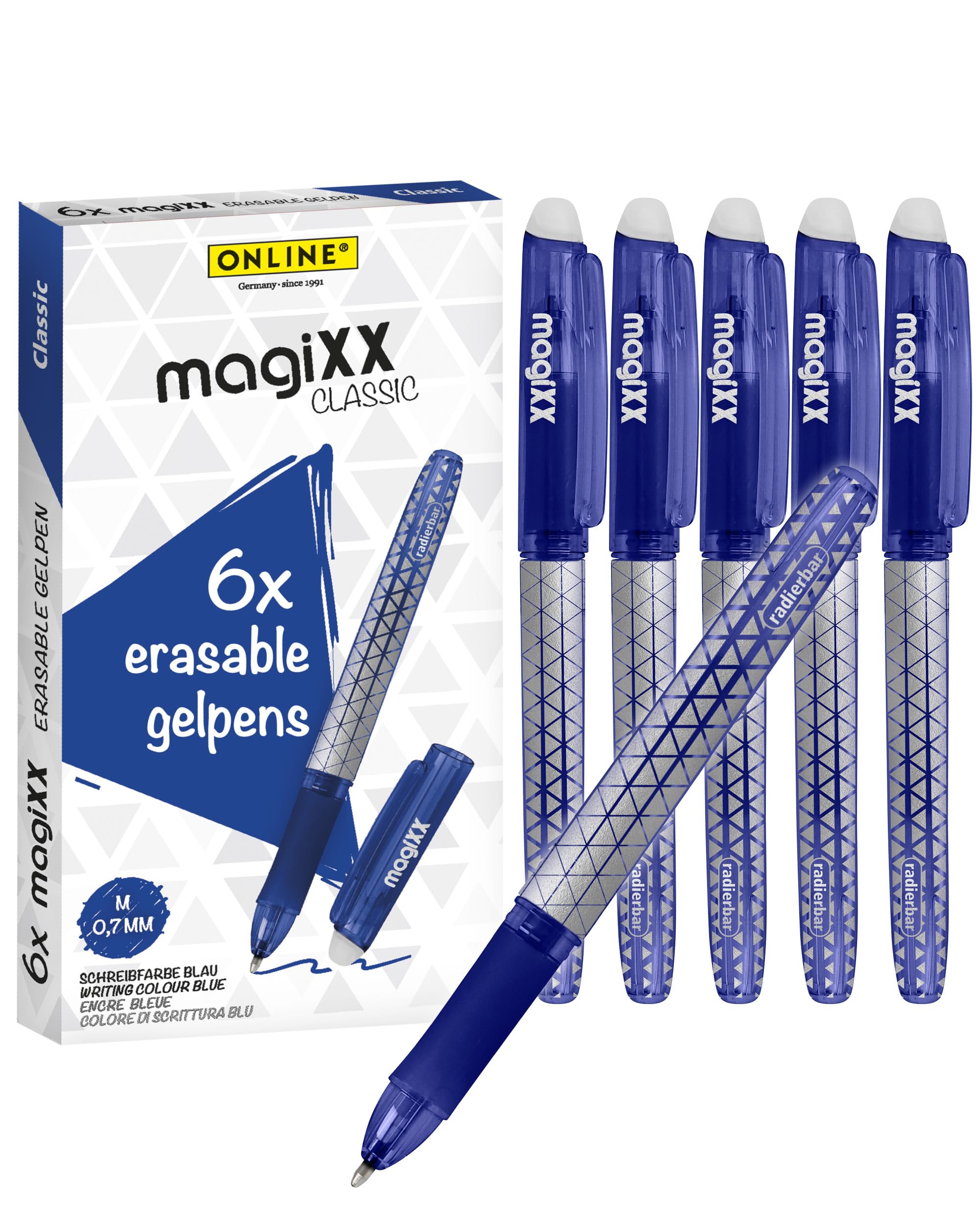 Online MagiXX Erasing Pens, 6 x Gel Pens Blue with 0.7 mm Line Width, Rollerball Pen Erasable for Learning to Write & for the Office, Erasable Pen Set, Erasable Ballpoint Pen for Students, Students