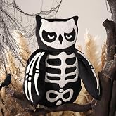 Phantoscope Happy Halloween Shaped Throw Pillow, Plush Teddy Sherpa Owl Shaped Pillow with Skeleton Embroidery, Halloween Decorative Animal Stuffed Cushion for Couch, Black, 17.5 x 11 inches