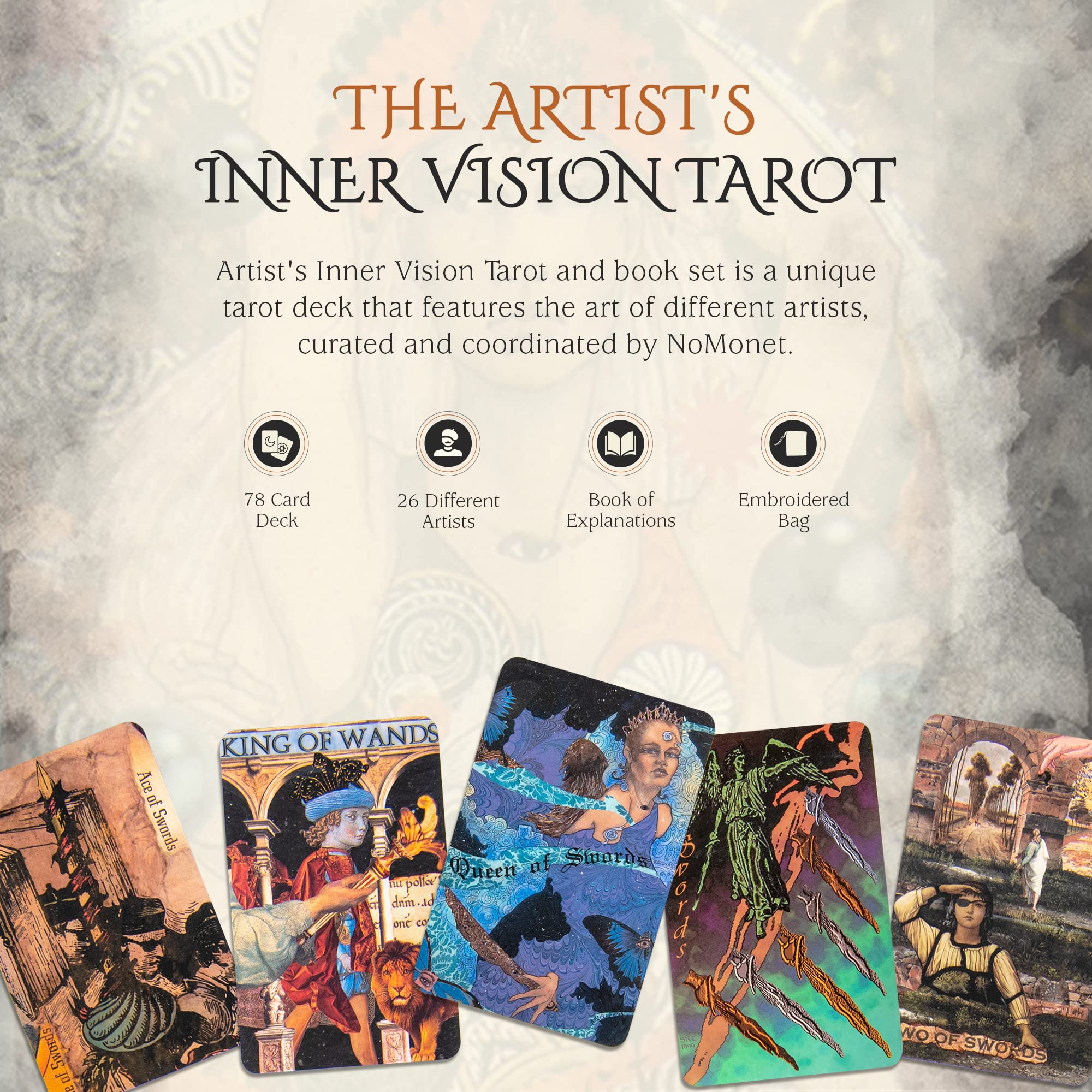 NoMonet Collaborative Tarot Deck & Book Set, Artist's Inner Vision - 78 Cards, 26 Artists, Brocade Bag, Necklace - Esoteric, Timeless, Classical, Modern - Includes Explanations Book - Unique Gift