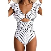 EVOCRCO Women's One Piece Swimsuits Tummy Control Ruffle Bathing Suit Cutout Slimming Swim Suit V Neck Ring Linked Swimwear