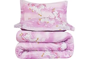 Yibeizi Unicorn Kids Comforter Set for Girls Twin, Cute Reversible Quilted Lavender Printed Bedding Set with Pillow Sham, Lightweight Soft Breathable Machine Washable Bed Set 2 Piece