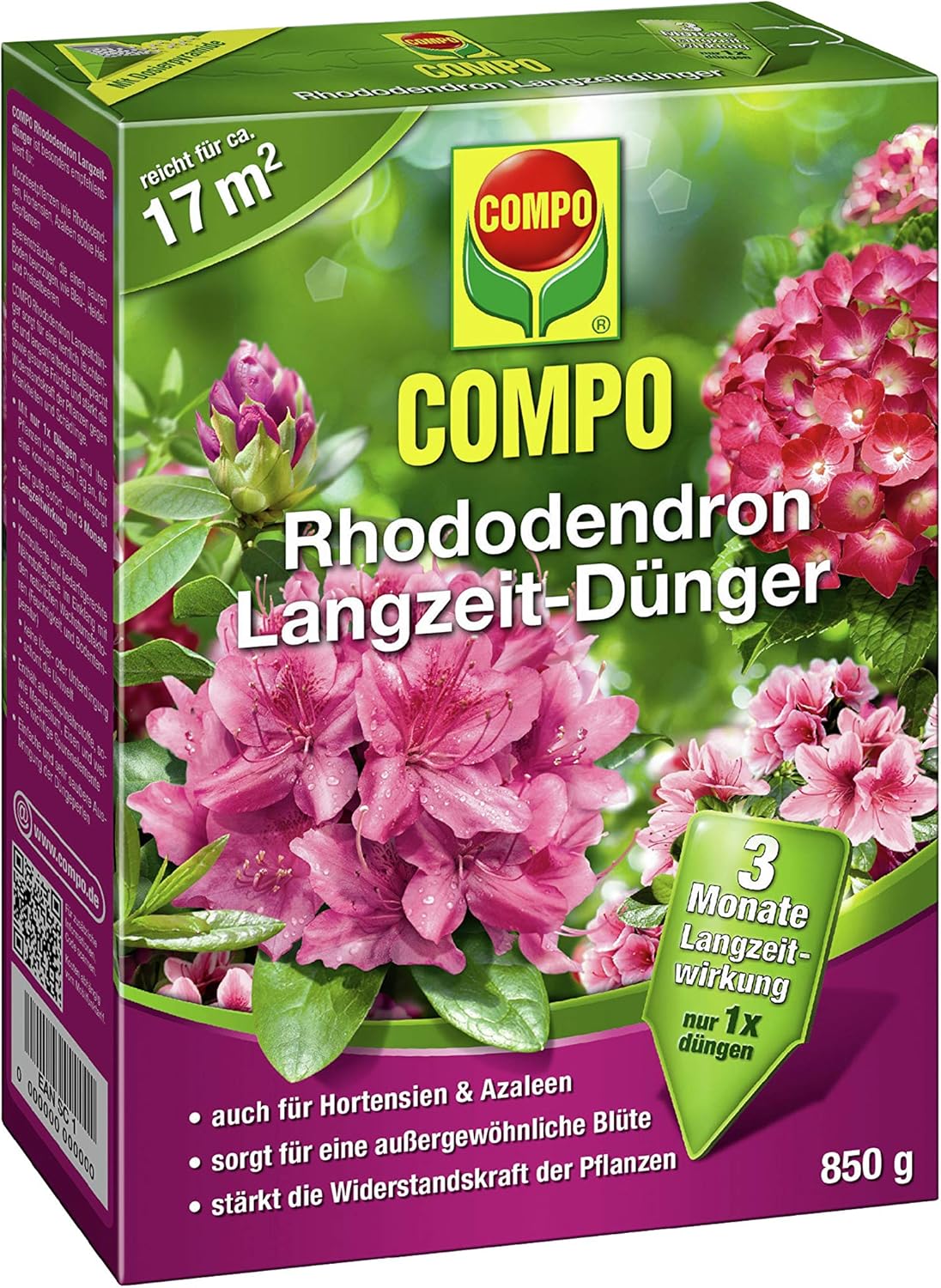 COMPO Rhododendron Langzeit-Dünger für alle Arten von Morbeetpflanzen, 3 Monate Langzeitwirkung, 850 g, 17m²