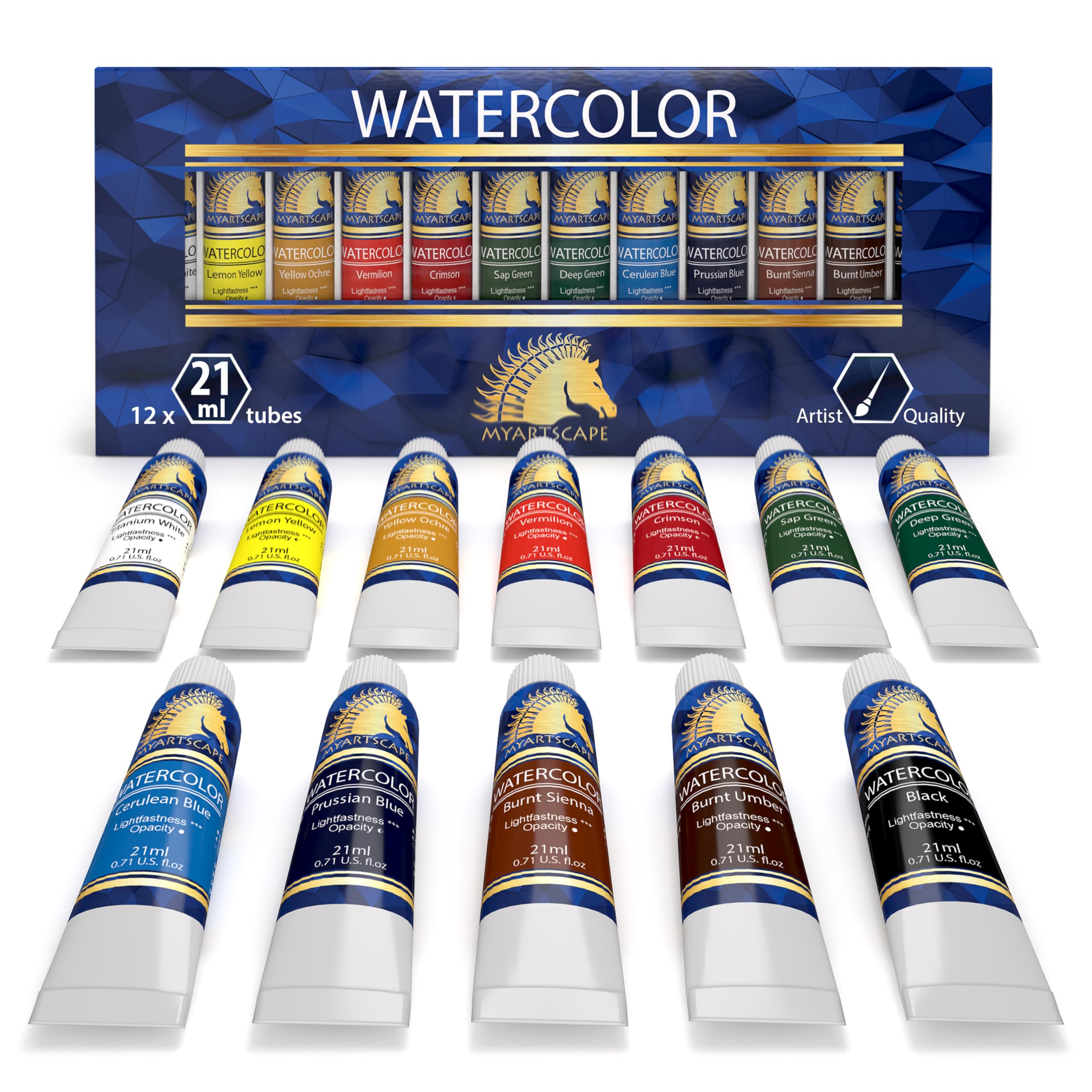Myartscape Watercolor Paint Set - 12 x 21ml Tubes - Lightfast - Highly Pigmented - Vibrant Colors - Fade Proof - Painting Kit for Adults & Hobby Painters - Professional Watercolors Supplies