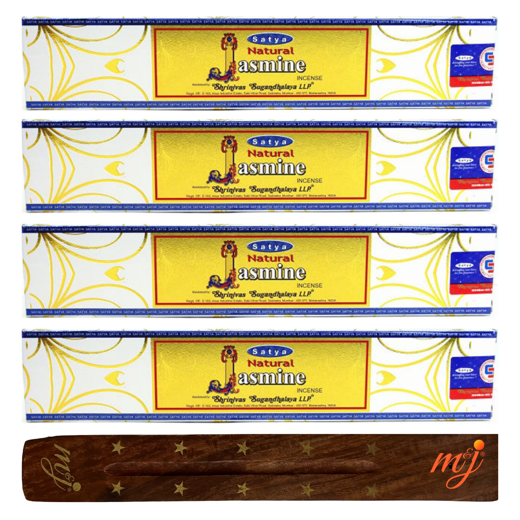 Original Satya Nag Champa Natural Jasmine Incense Sticks | with M&J incense sticks holder | x4 pack | for Aromatherapy, Spa, Yoga, Weddings, Meditation, Healing, Positivity and Relaxation — image 1