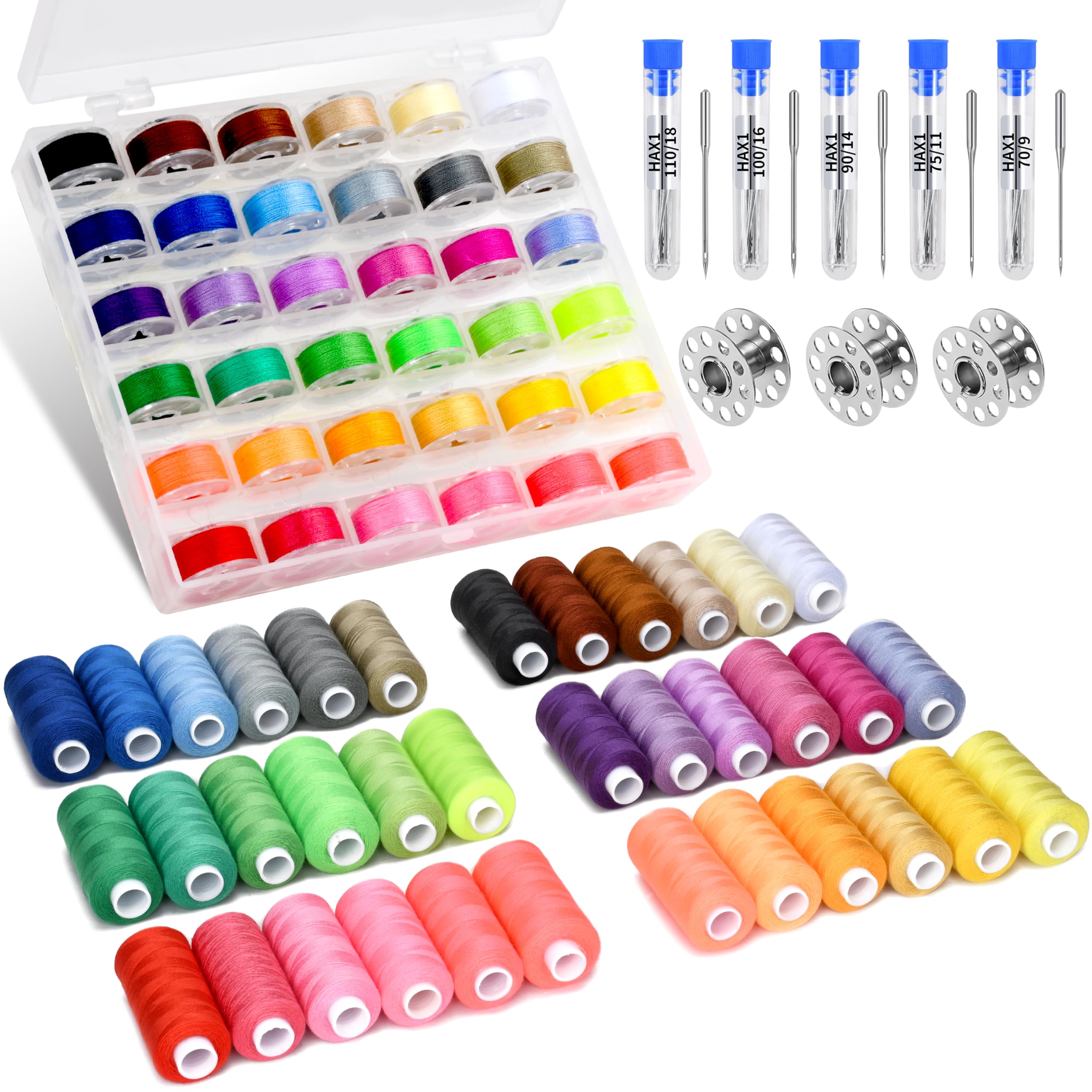 Photo 1 of 125 Pcs Sewing Thread Kit, 36 Assorted Colors Machine Threads with Spools, 400 Yards Prewound Bobbins Set with 50 Machine Needles (70/9, 75/11, 90/14, 100/16 110/18) for Universal Sewing Machines Use