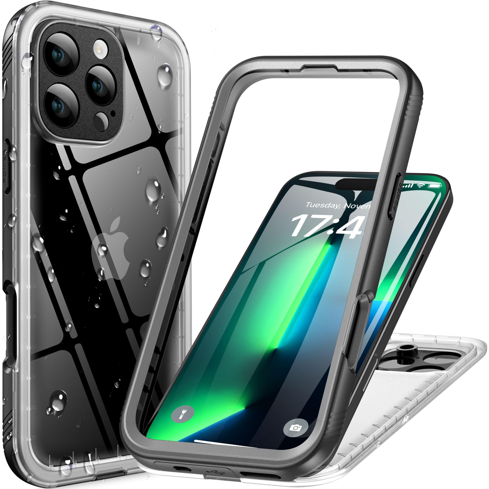 Cozycase TOP Shockproof IP68 Waterproof Case for iPhone 16 Pro Heavy Duty 360 Full Body & Screen Camera Protector Front Back Cover Dustproof Hard 16Pro Tough Protective Case Black/Frosted Clear