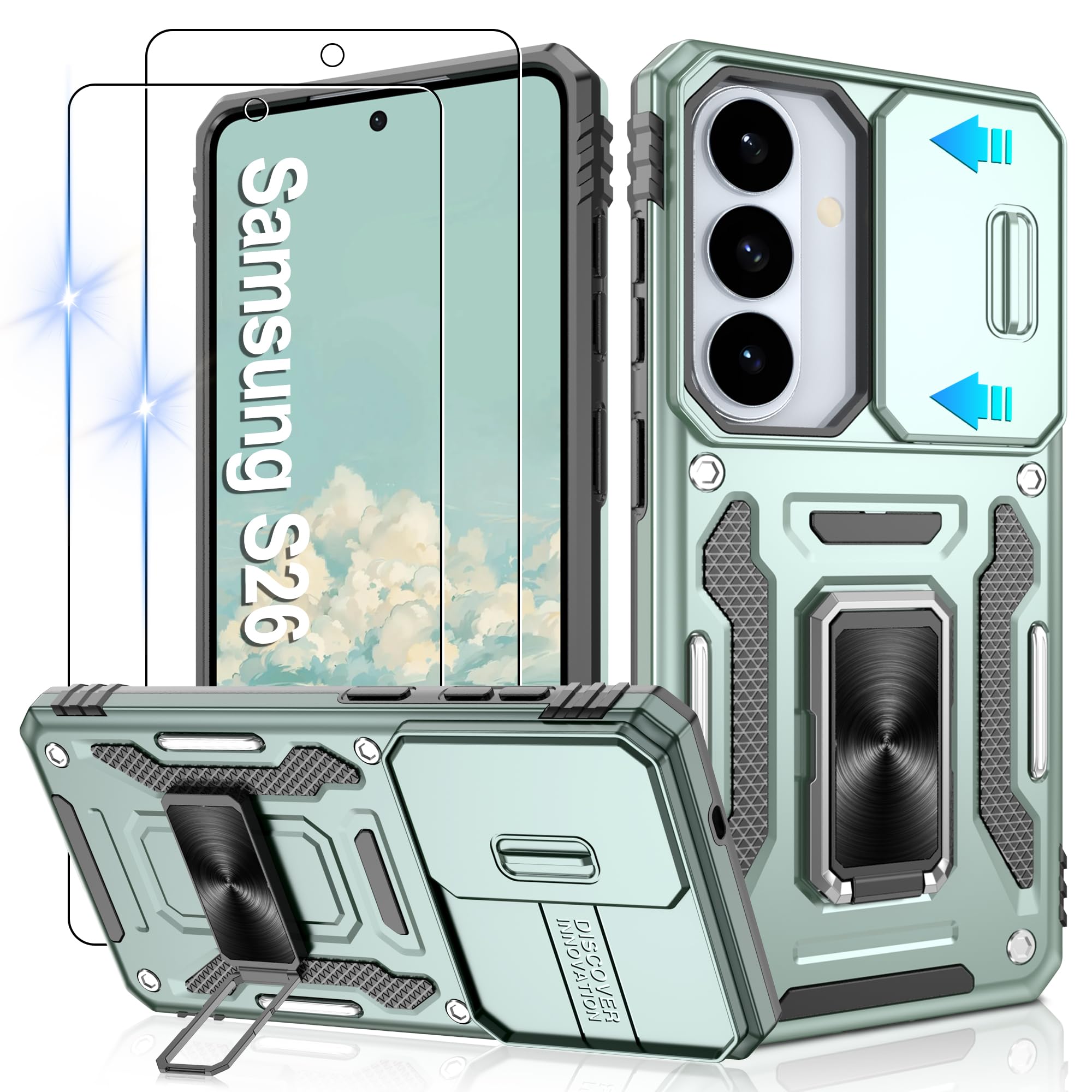 Gritup for Samsung Galaxy S26 Case with 2-Pack HD Screen Protectors and Slide Camera Cover，14FT Military Grade Drop Protection，360° Rotation Magnetic Holder，Designed for S 26 5G, Alpine Green