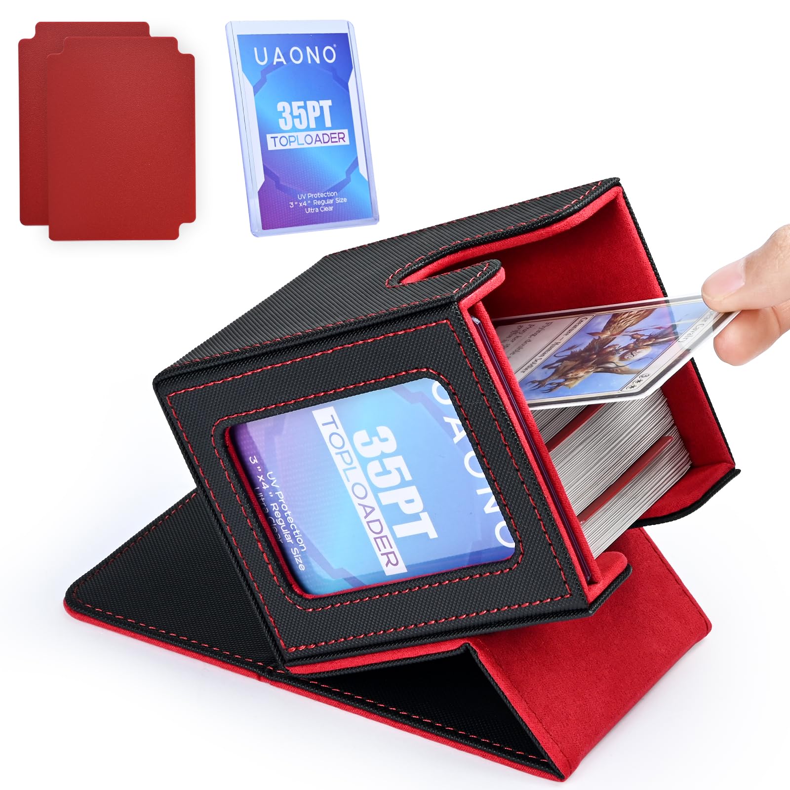 UAONO Card Deck Box with MTG Commander Display, Patented Design Card Deck Case Holds 100+ Double-Sleeved Cards, PU Leather Cards Storage Box For TCG with 2 Dividers, 1 Top Loader (Black&Red) — image 1
