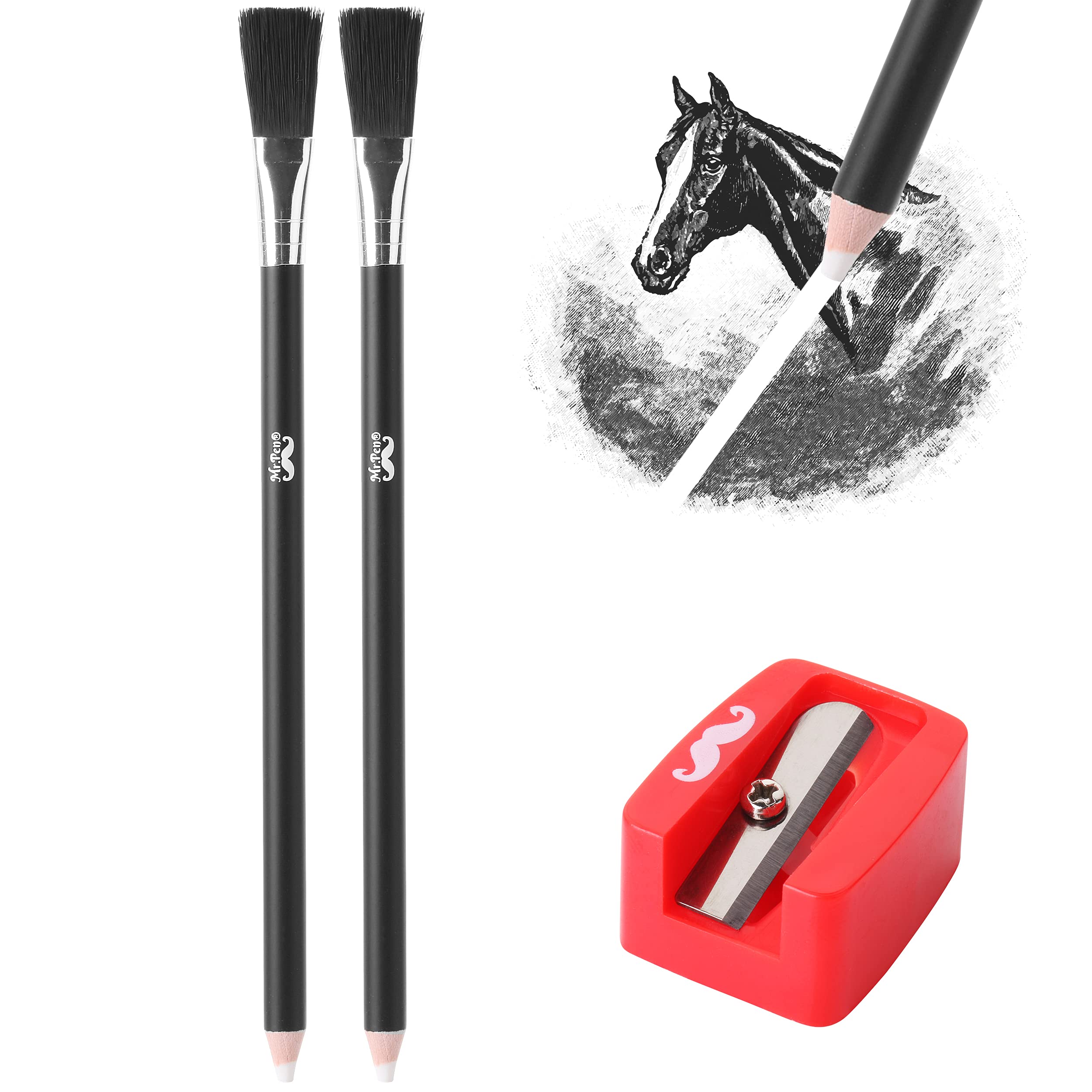 Mr. Pen Eraser Pencil with Brush, 3 Pcs, 2 Eraser Pencils, 1 Sharpener, Artist & Drawing Set