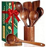 KAQISE 8Pcs Set of Wooden Kitchen Utensils with Holder & Spoon Rest, KAQISE Wooden Spoons&Spatulas for Cooking, Teak Utensils