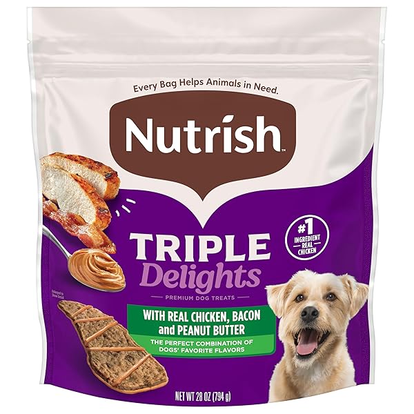 NUTRISH TRIPLE DELIGHTS PREMIUM DOG TREATS FOR DOGS WITH REAL CHICKEN, BACON, AND PEANUT BUTTER, 28 OZ. POUCH