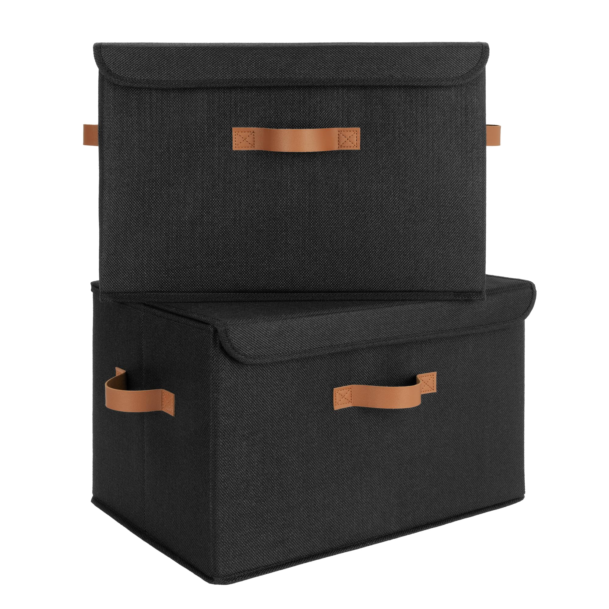 GRANNY SAYS Black Storage Bins with Lids, Decorative Storage Boxes with PU Handles, Linen Closet Organizer, Storage Baskets for Shelves, Fabric Storage Bins for Clothes, Extra Large