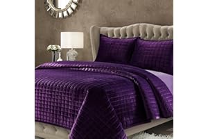 Tribeca Living Velvet King Quilt Set, Three-Piece Box Stitch Bedding Set Includes One Oversized Quilt & Two Sham Pillowcases, 260GSM Super Soft Velvet, Florence/Purple (FLORENCEQUIKIPU)