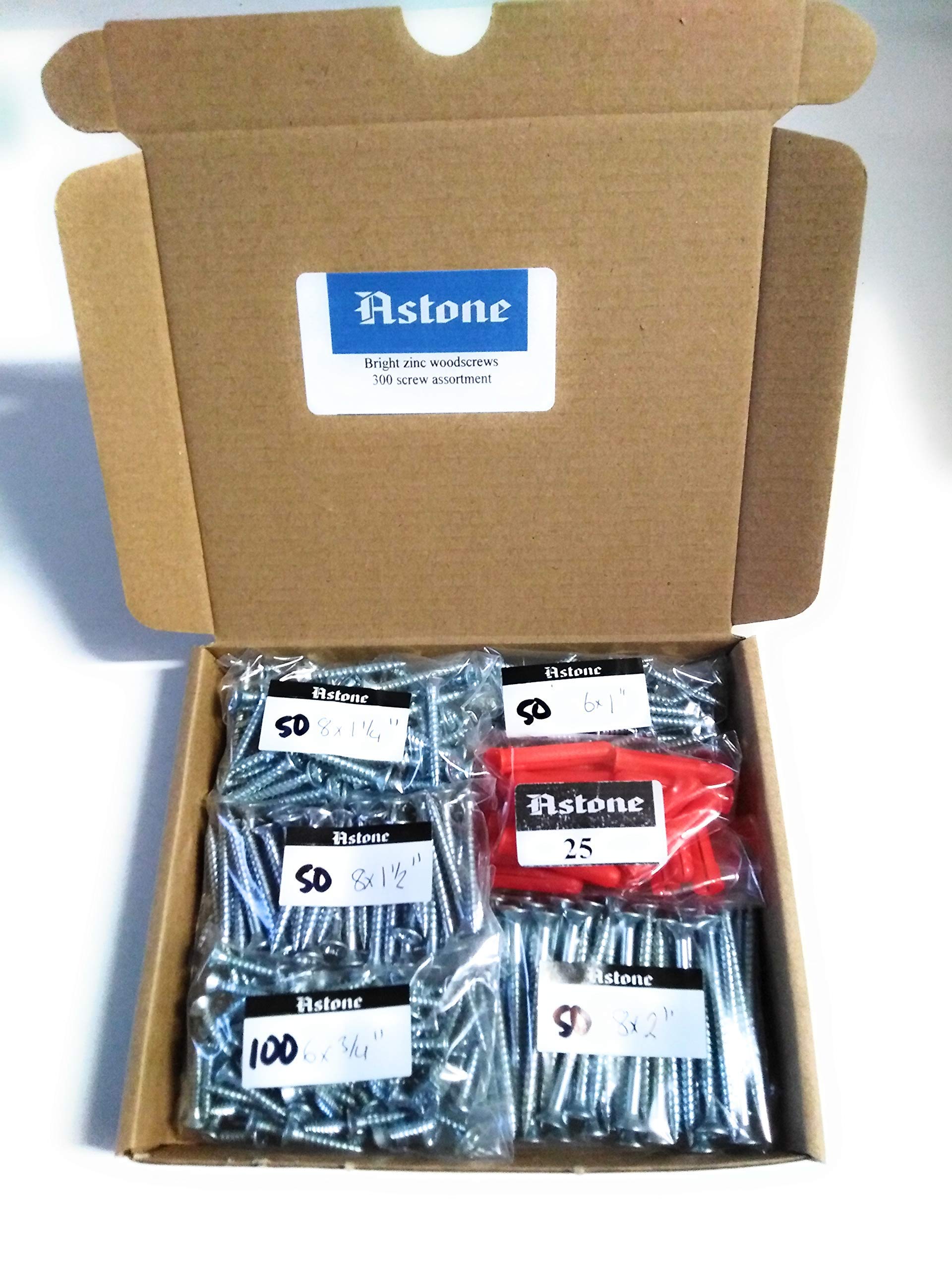 Astone bright zinc wood screws letterbox packs 6 x 3/4 inch, 6 x 1", 8 x 1.1/4", 8 x 1.1/2", 8 x 2" (300 screw assortment)
