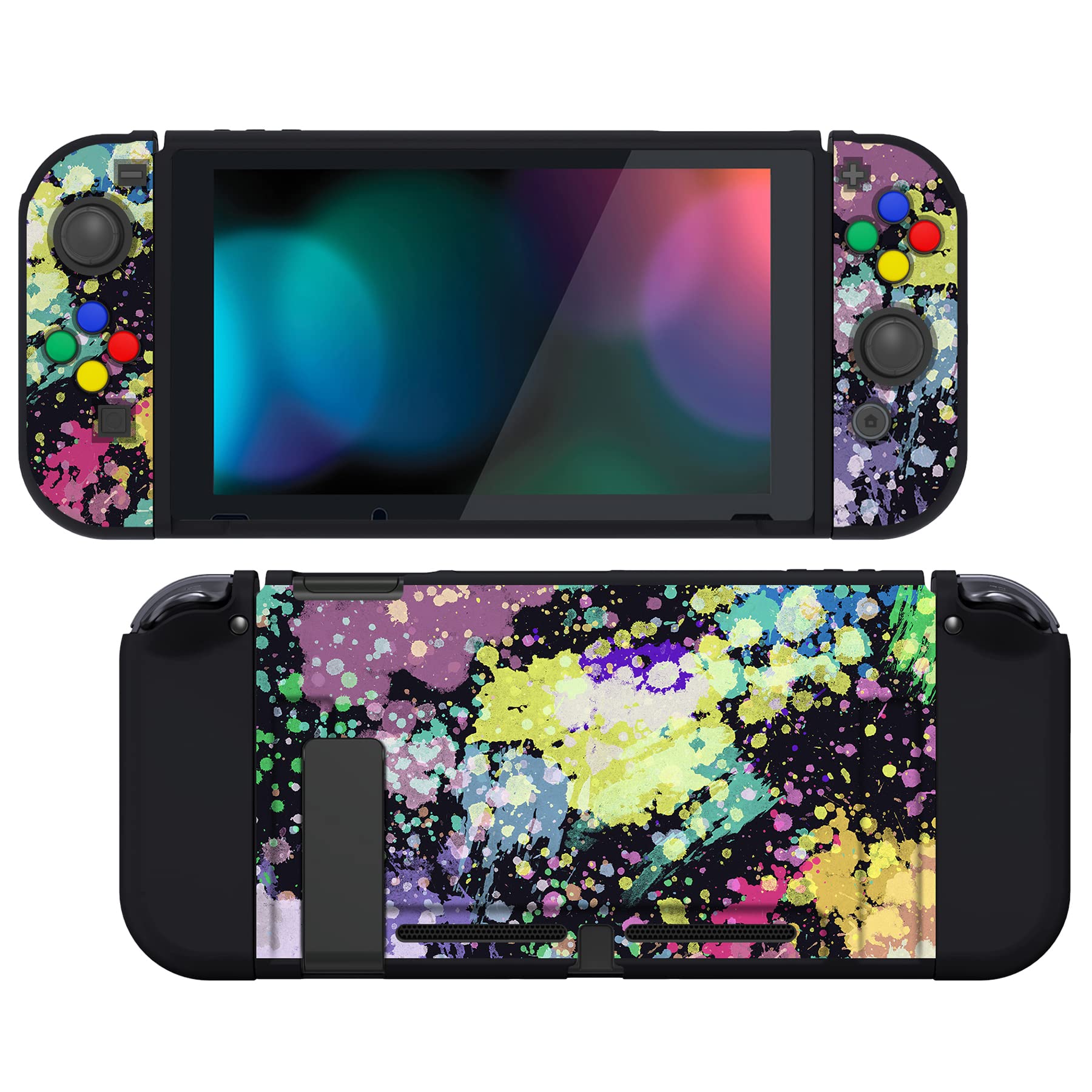 PlayVital スイッチに対応する保護ケース、Switchに対応用ソフトTPUスリムケースカバーカラフルなABXYボタンキャップ付き【ウォーターカラースプラッシュ】