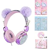 Charlxee POM POM Bear Ear Kids Headphones with Microphone for Girls Children Teens,Over-Ear On Ear Headphones with HD Sound,W