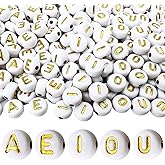 MIIIM 1000pcs Vowel Pony Letter Beads for Keychains Making (A, E, I, O, U), 4x7mm Round Letter Beads for Bracelets Making, Alphabets, Numbers (White and Golden)