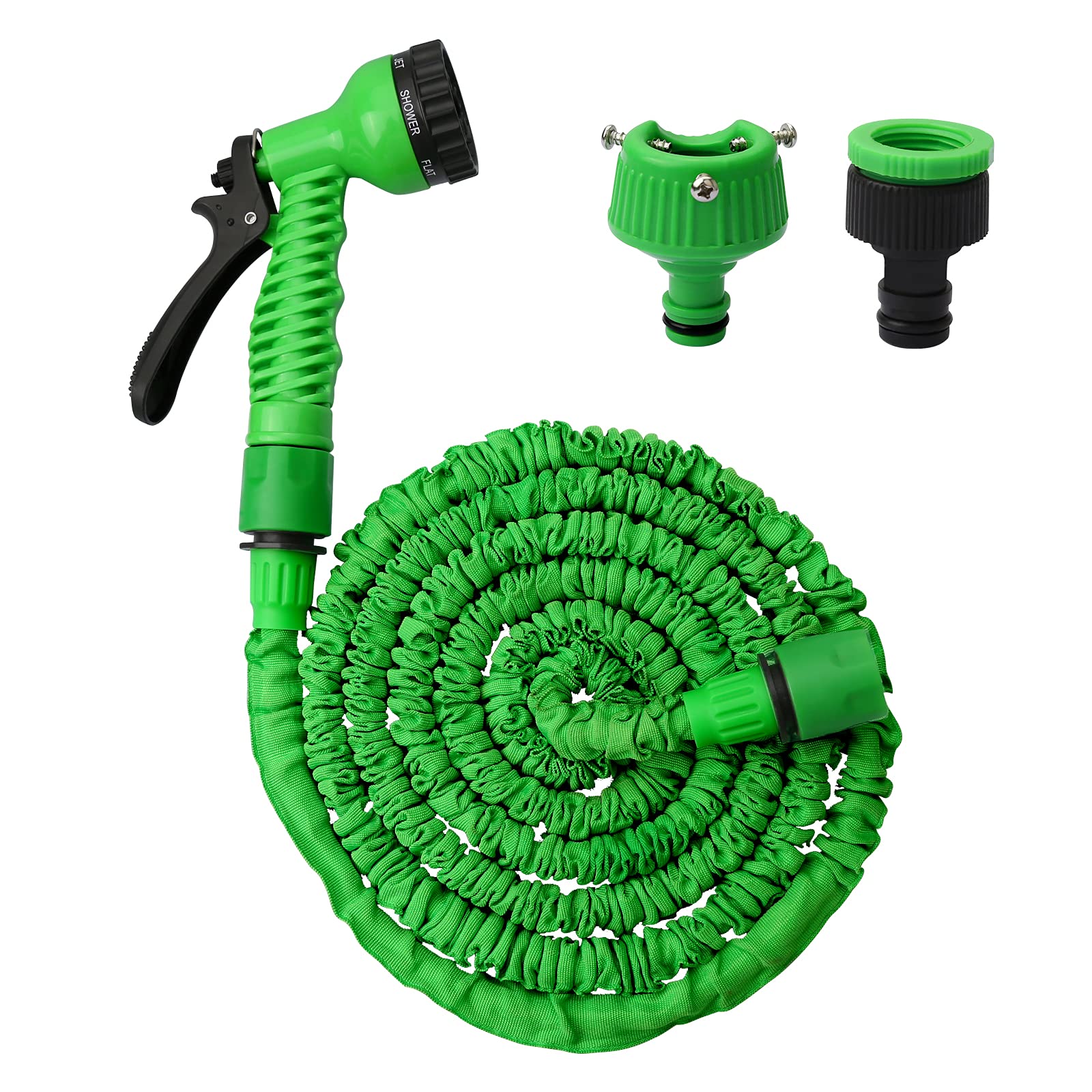 25 Ft 3 Times Flexible Expanding Garden Water Hose Pipe with 7 Function Spray Gun and Universal 1/2'' 3/4'' Thread Tap Connector for Garden Watering Home Cleaning, Green