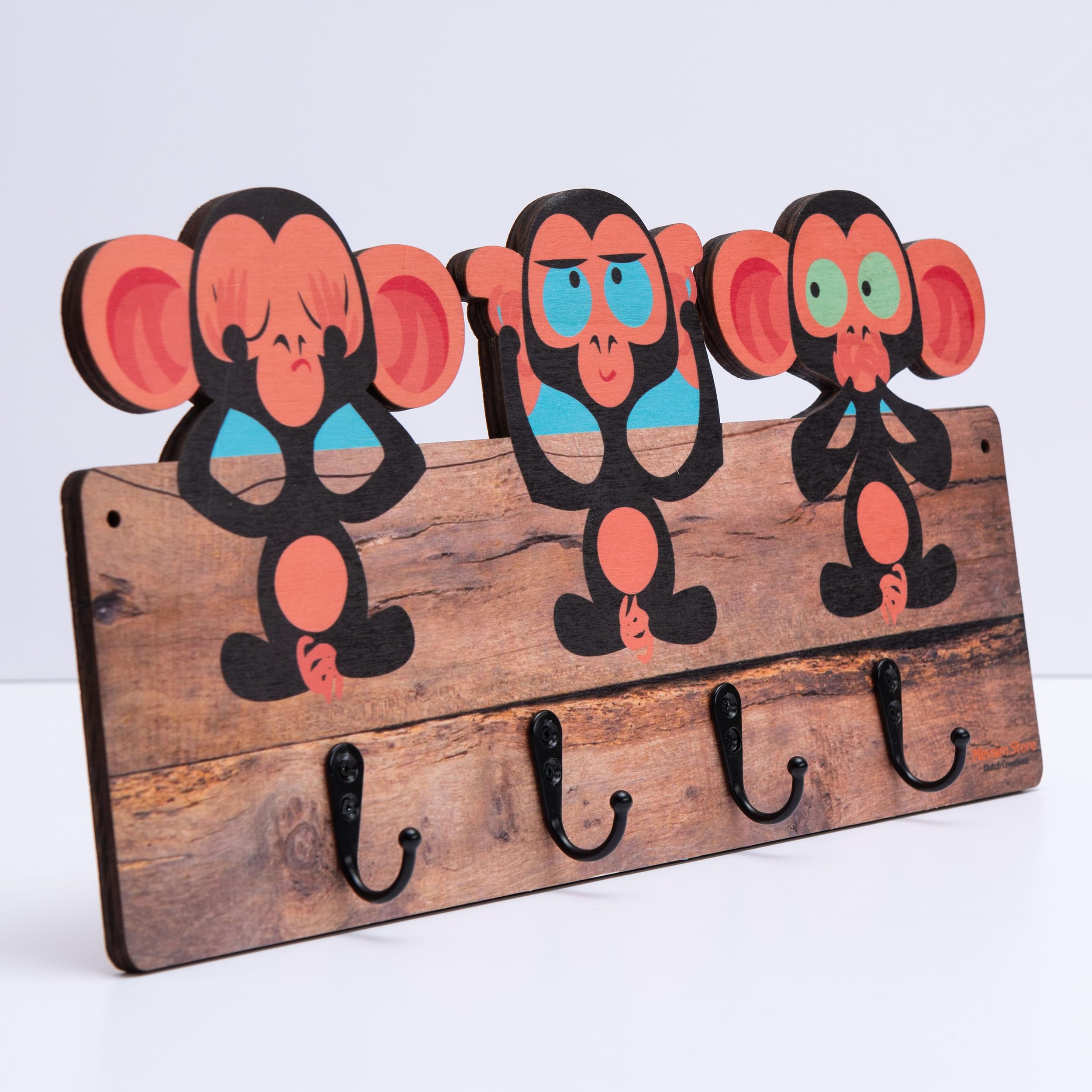 Mevsim Store Children's Coat Rack - Handmade - 4 Metal Hooks - 39,50x19,50 cm - Coat Rack with Animals - Hanging Coat Rack - Wood - Wall Coat Rack - with Brackets