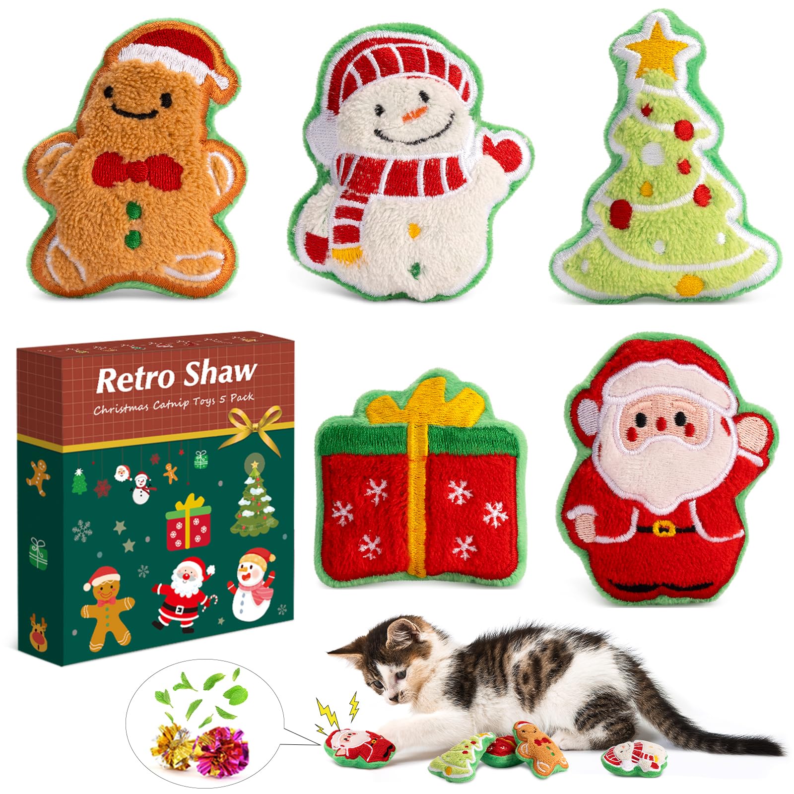 Retro Shaw 5Pcs Christmas Catnip Toys, Crinkle Sound Cat Toys for Indoor Kittens Kitty, Fun Cat Gift Interactive Cat Nip Kicker Teeth Cleaning Pet Toy for All Breeds