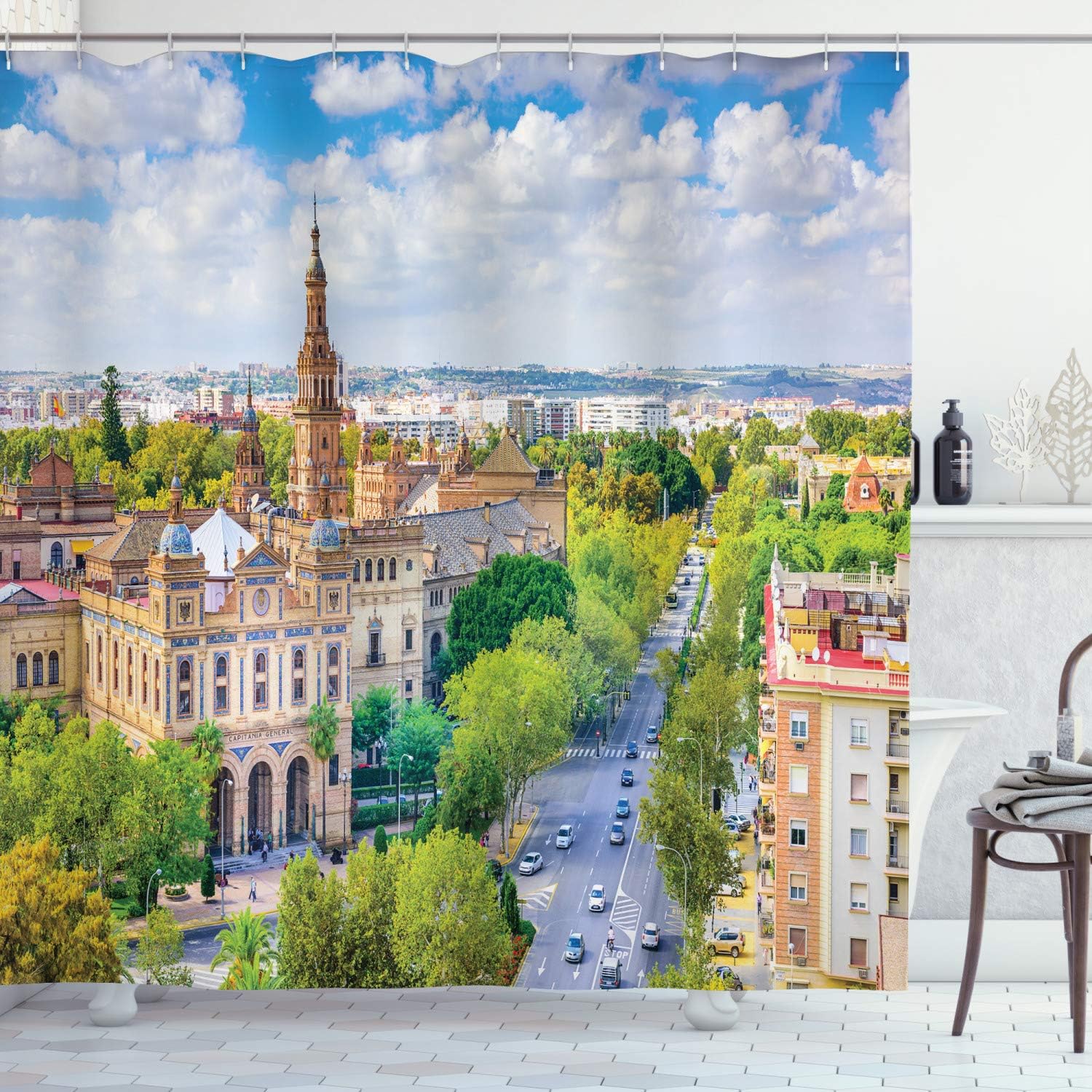 Ambesonne Wanderlust Shower Curtain, Seville Spain Cityscape Towards Plaza De Espana Scenery Monument Daytime, Cloth Fabric Bathroom Decor Set with Hooks, 84" Long Extra, Cream White