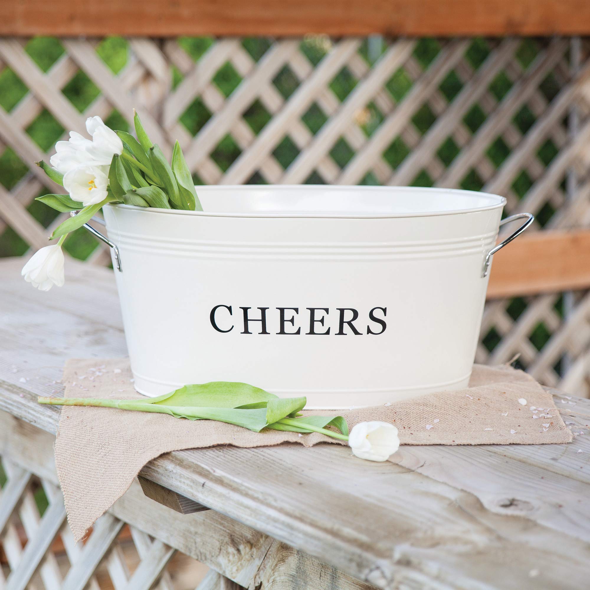 Twine Cheers Beverage Tub, Galvanized Tubs for Entertaining, Drink Buckets for Parties, Large Ice Tub and Gift Basket, Beer Buckets, Cream, 6.3 Gallons Set of 1