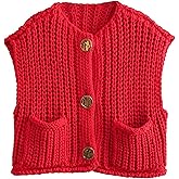 Women's Chunky Knit Vest Button Down Casual Sleeveless Cropped Crochet Sweater Cardigan with Pockets