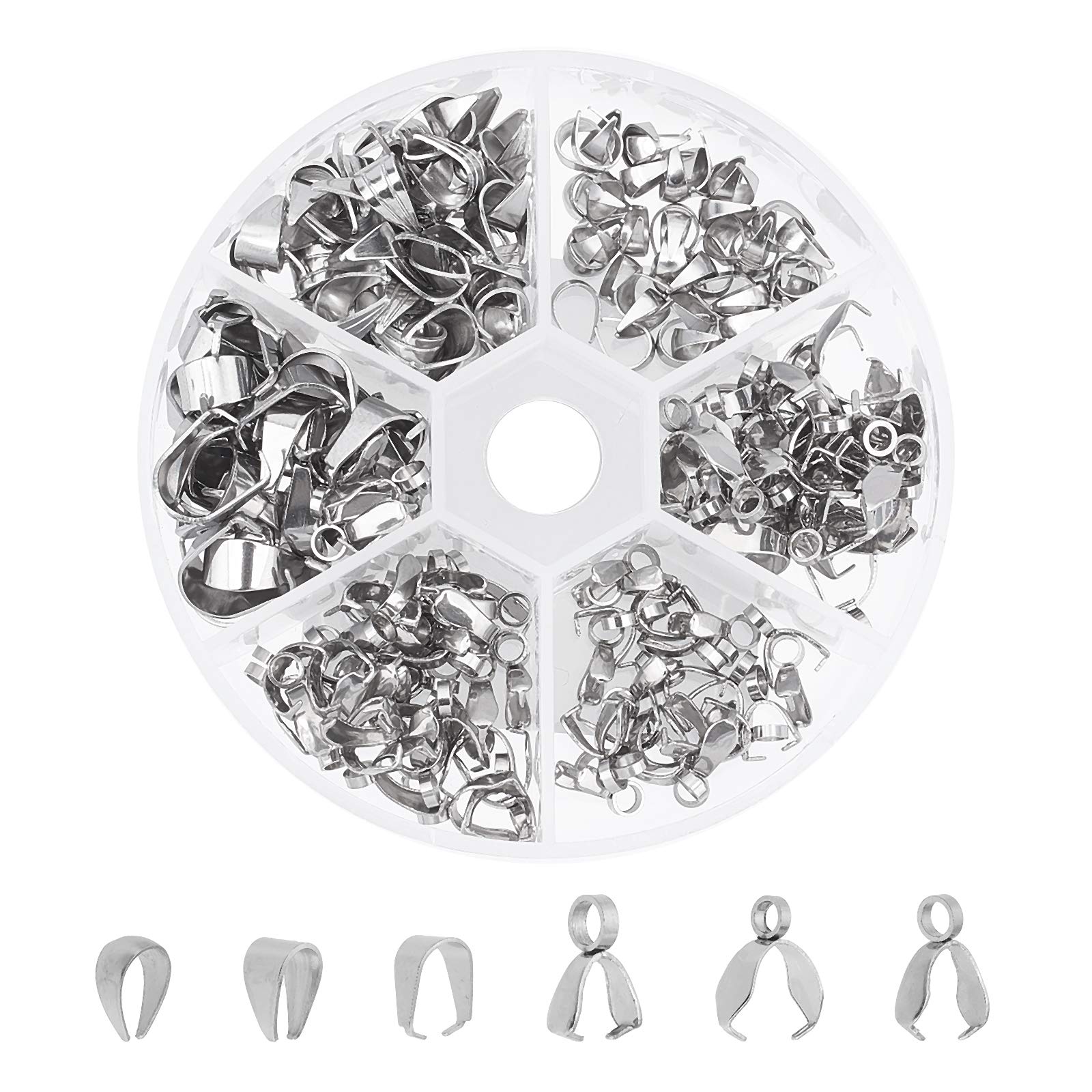 UNICRAFTALE 220pcs 6 Sizes Stainless Steel Snap on Bails Ice Pick Pinch Bails Pendant Bails Connectors Hook Pendant Clasps Metal Connector Clasps for DIY Neckalce Jewelry Making