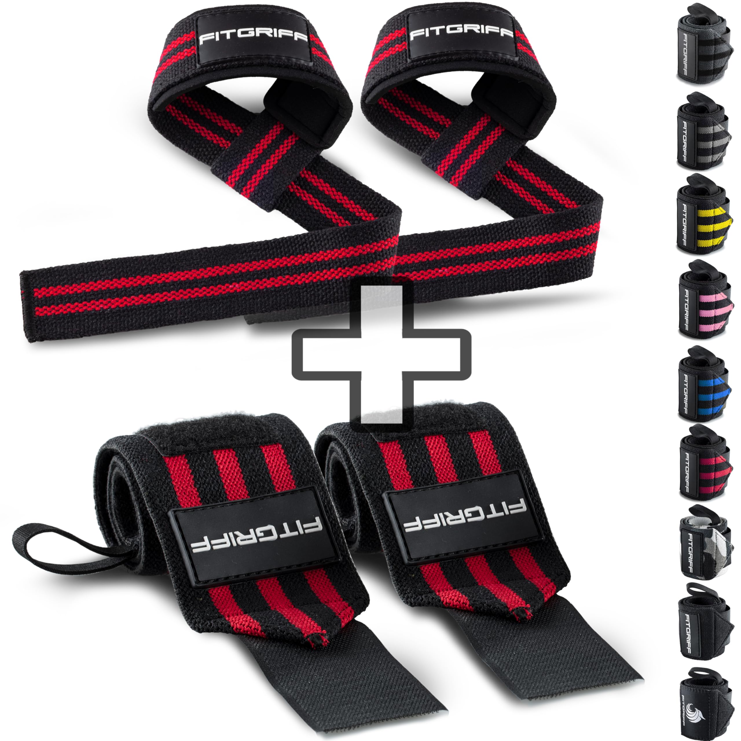 Fitgriff® Wrist Wraps + Lifting Straps (Bundle) - Wrist Straps for Weightlifting, Gym, Strength Training, Fitness - for Men and Women Black/Red — image 1