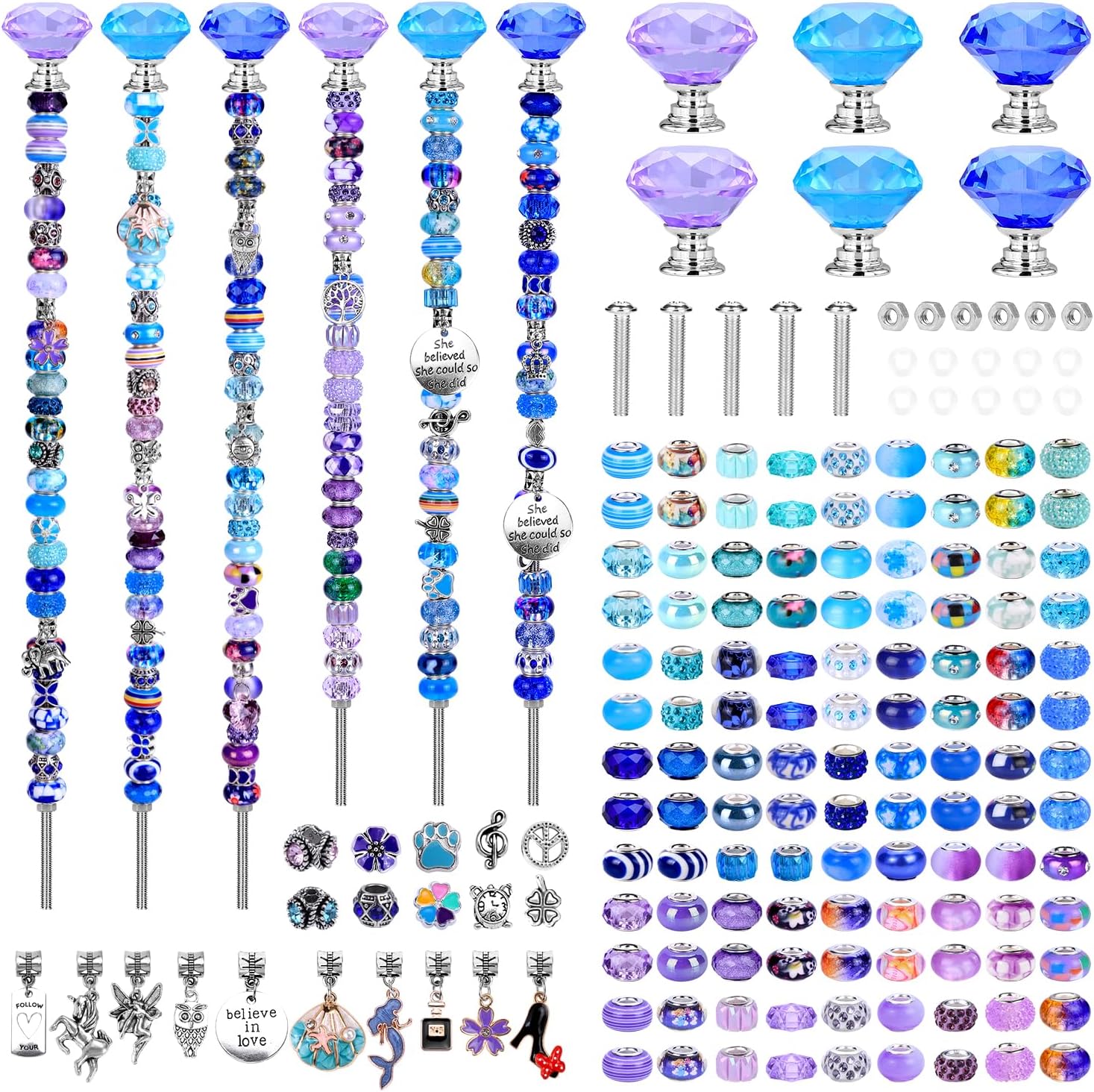 Decorative Garden Stakes - DIY Fairy Wand Garden Beads Stakes Wands Kit, Scheme European Beads Crystal Diamond Tops and 12 or 10 Inch Threaded Rods,Stainless Steel Stakes with Diamond Toppe (Purple+Aqua+Sapphire)