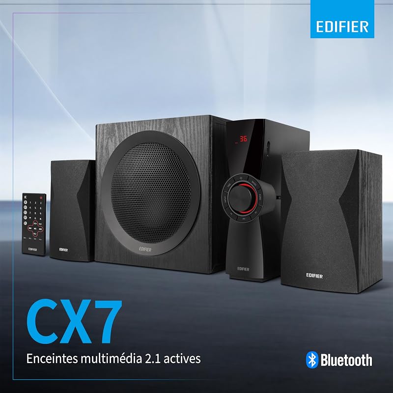 CX7 - Pack d'enceintes multimédia 2.1, 69W, avec Bluetooth V5.0, subwoofer de 21 cm (8 Pouces) et télécommande Infrarouge : Parfait pour la télévision, Le PC, l'ordinateur Portable, etc.
